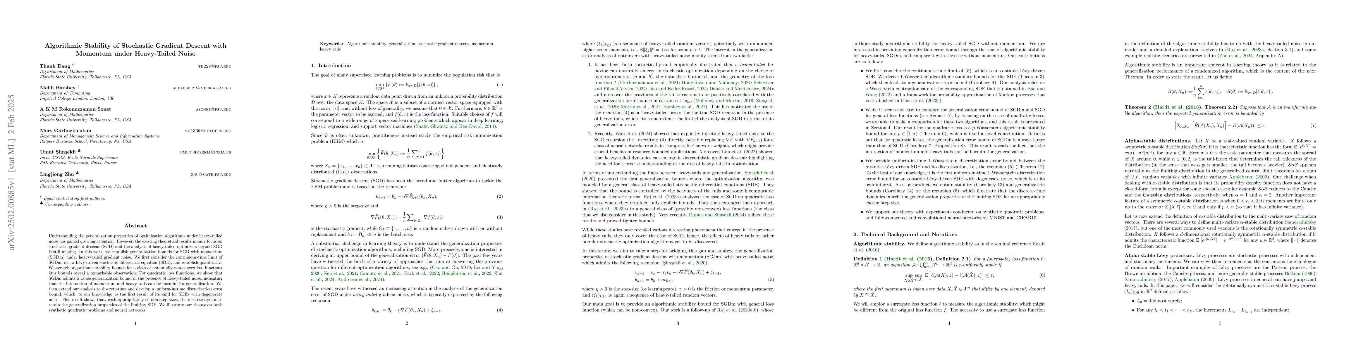 Thumbnail for Algorithmic Stability of Stochastic Gradient Descent with Momentum under
  Heavy-Tailed Noise