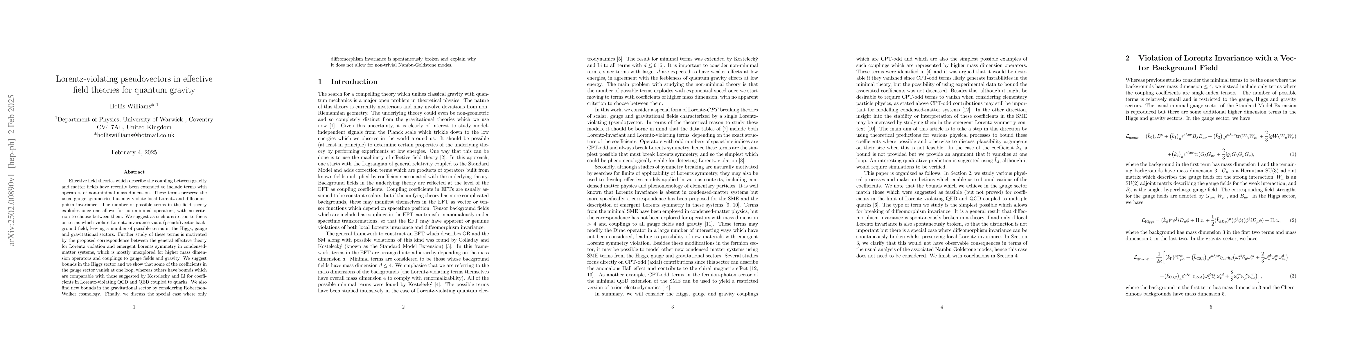 Thumbnail for Lorentz-violating pseudovectors in effective field theories for quantum
  gravity