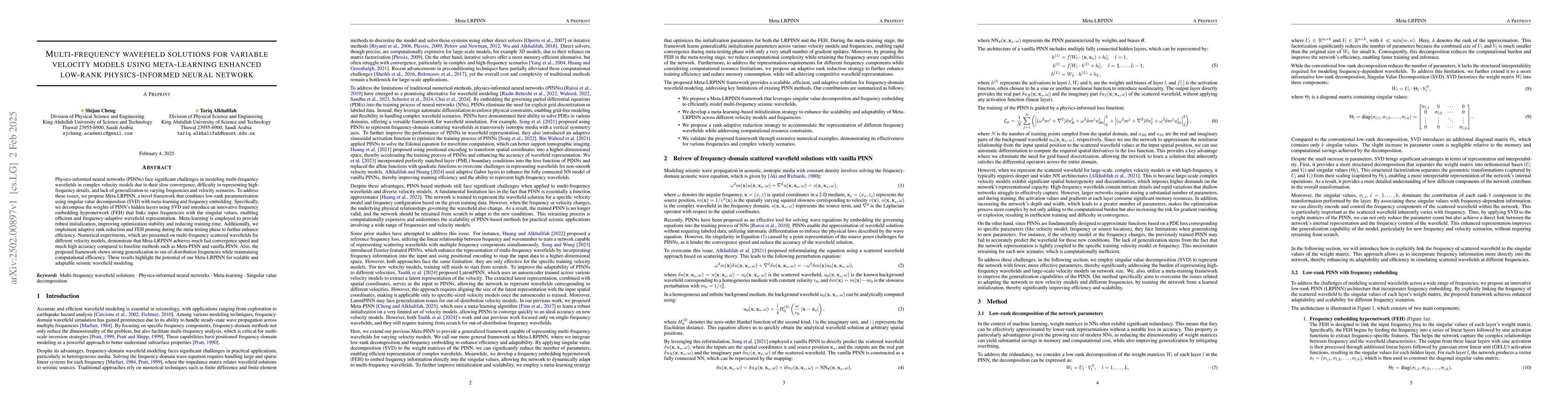 Thumbnail for Multi-frequency wavefield solutions for variable velocity models using
  meta-learning enhanced low-rank physics-informed neural network