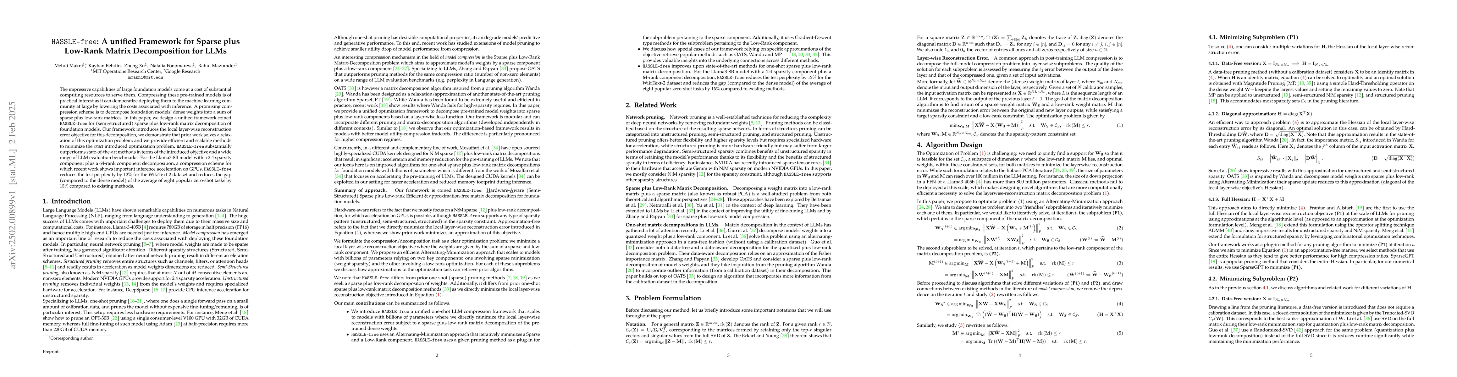 Thumbnail for HASSLE-free: A unified Framework for Sparse plus Low-Rank Matrix
  Decomposition for LLMs