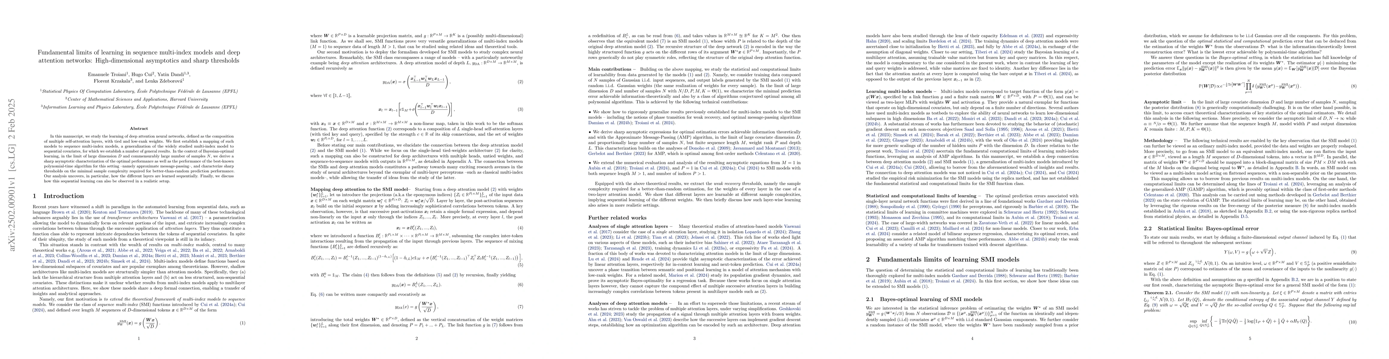 Thumbnail for Fundamental limits of learning in sequence multi-index models and deep
  attention networks: High-dimensional asymptotics and sharp thresholds