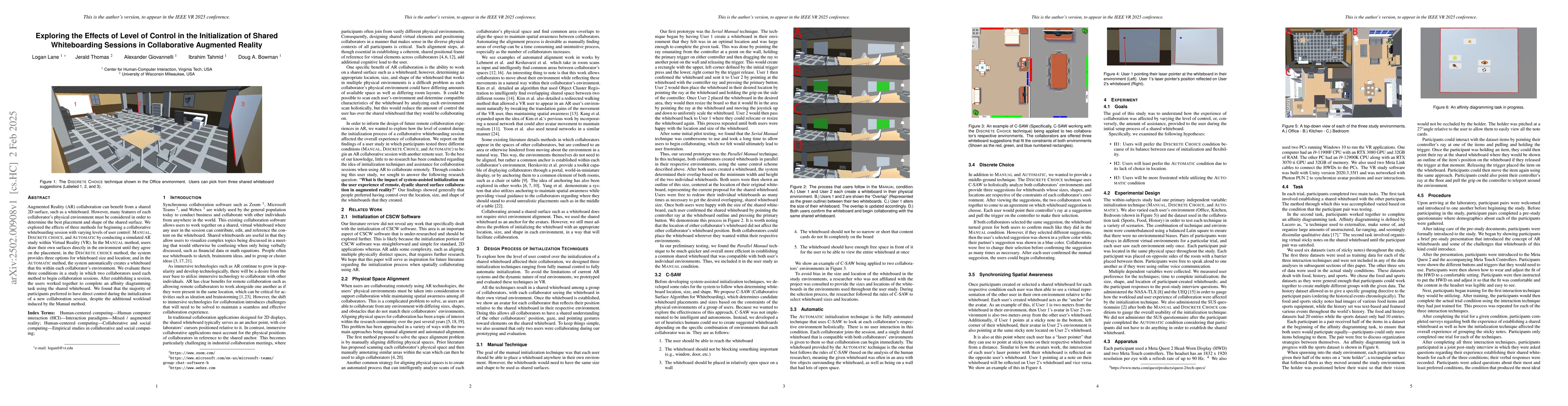 Thumbnail for Exploring the Effects of Level of Control in the Initialization of
  Shared Whiteboarding Sessions in Collaborative Augmented Reality