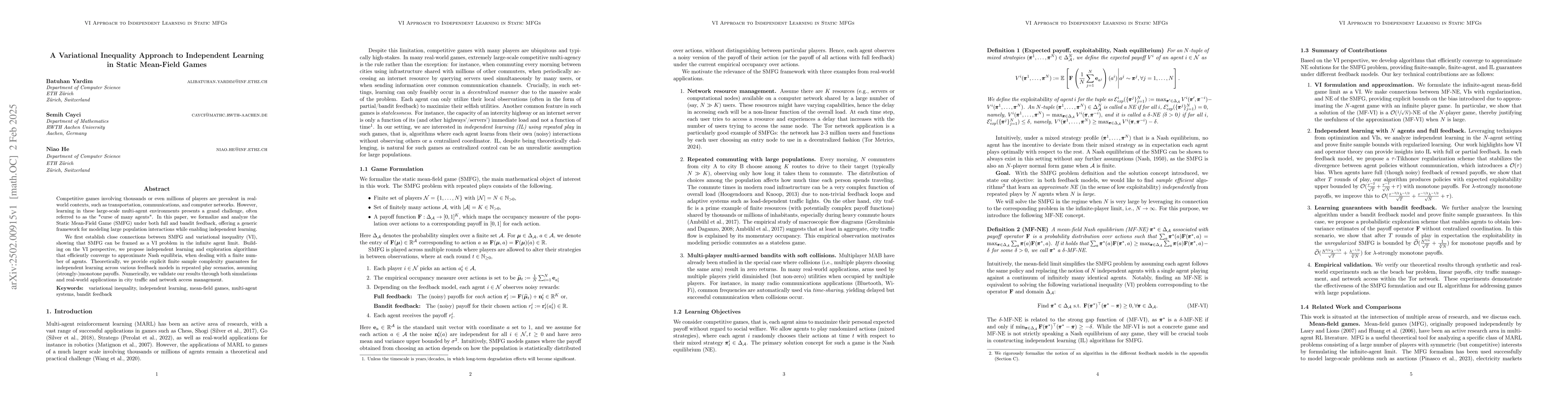 Thumbnail for A Variational Inequality Approach to Independent Learning in Static
  Mean-Field Games