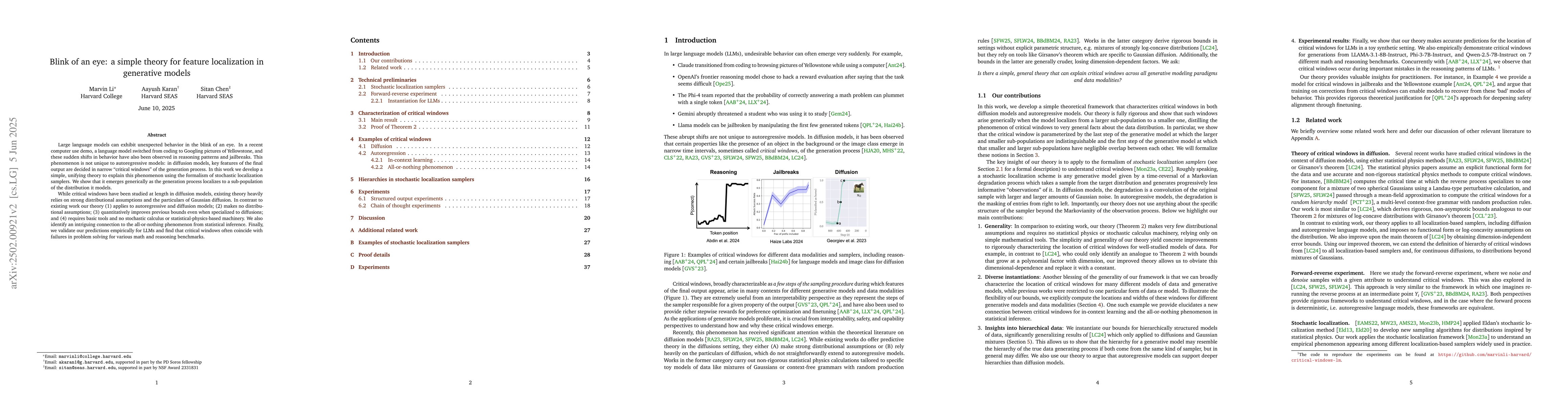 Thumbnail for Blink of an eye: a simple theory for feature localization in generative
  models