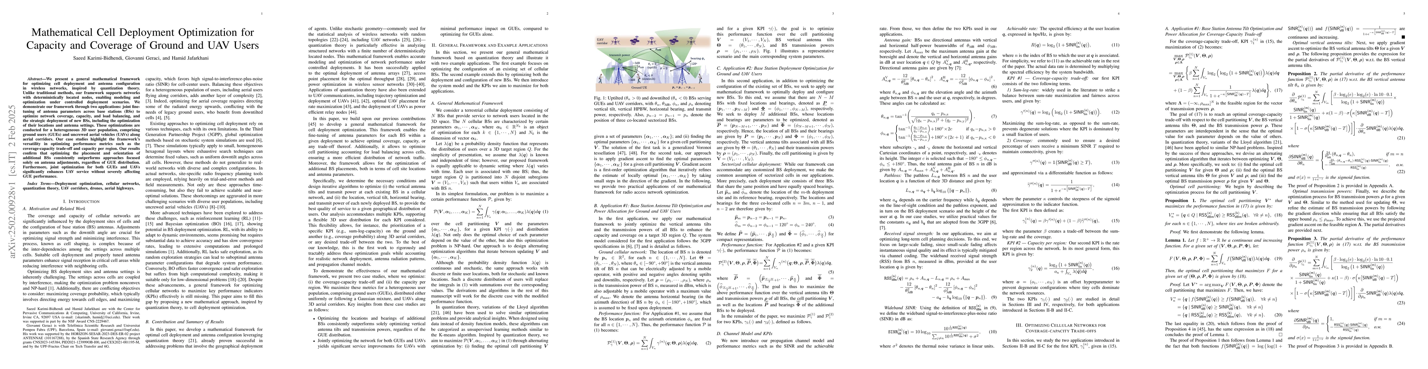 Thumbnail for Mathematical Cell Deployment Optimization for Capacity and Coverage of
  Ground and UAV Users