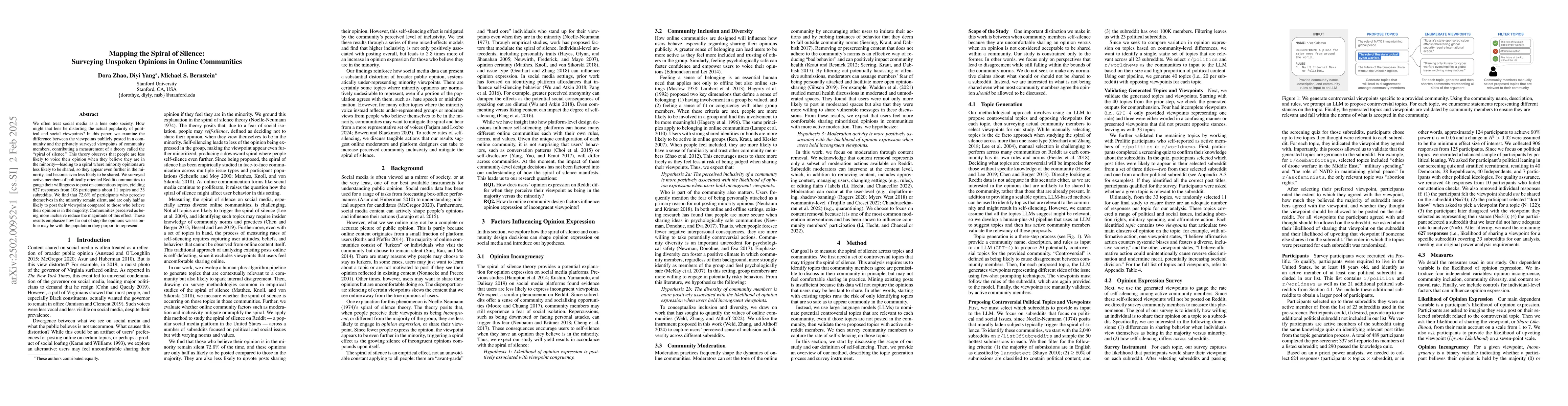Thumbnail for Mapping the Spiral of Silence: Surveying Unspoken Opinions in Online
  Communities