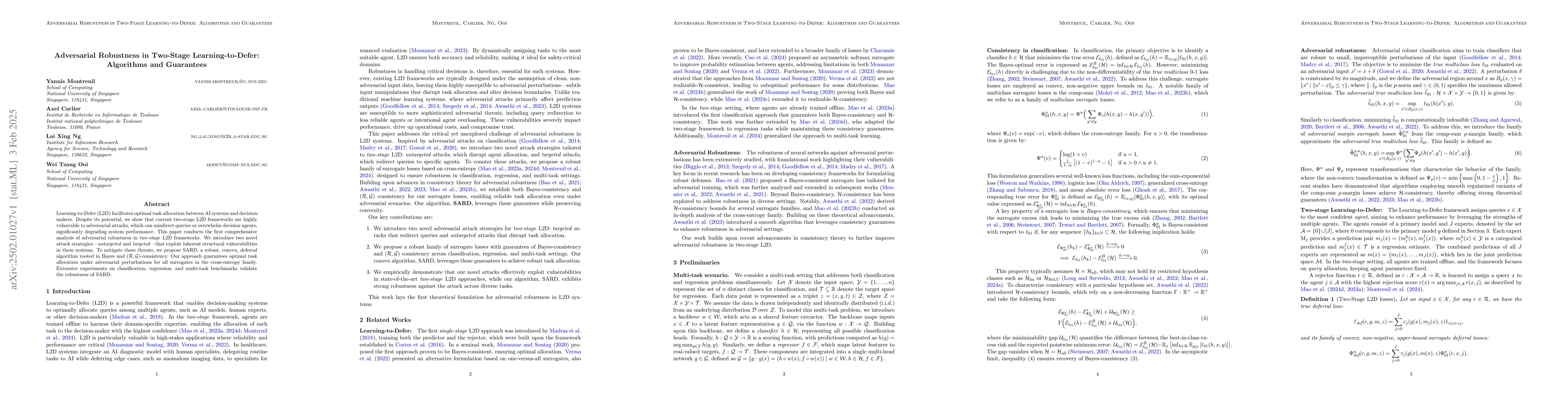 Thumbnail for Adversarial Robustness in Two-Stage Learning-to-Defer: Algorithms and
  Guarantees