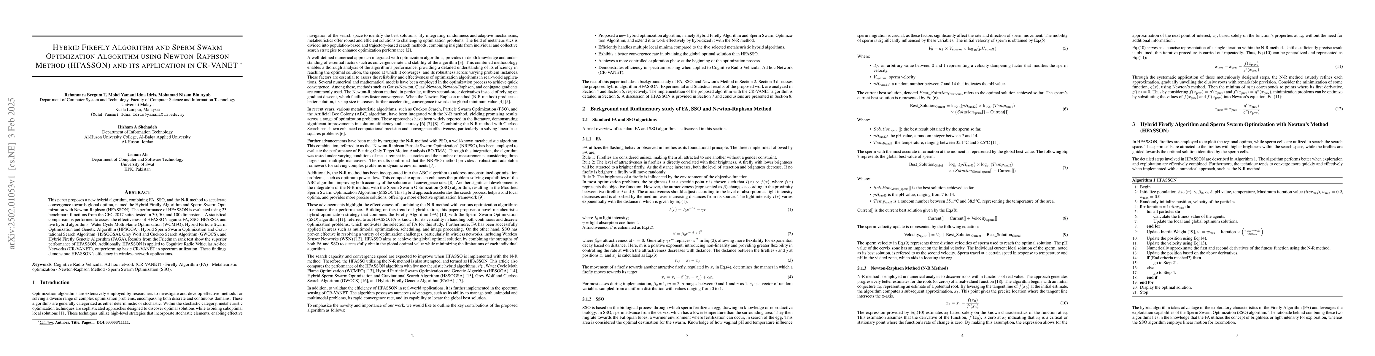 Thumbnail for Hybrid Firefly Algorithm and Sperm Swarm Optimization Algorithm using
  Newton-Raphson Method (HFASSON) and its application in CR-VANET