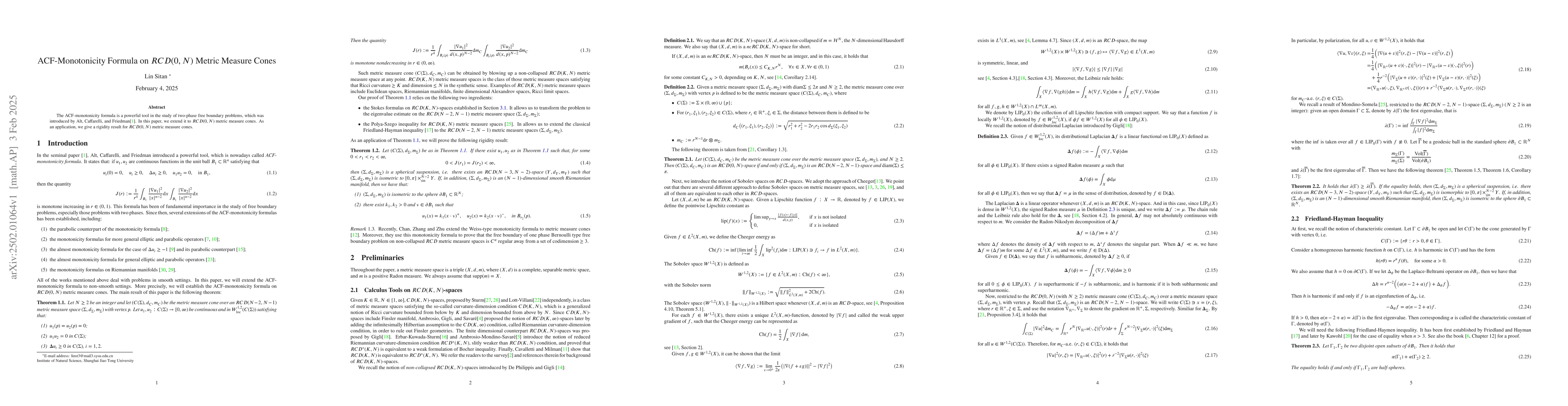 Thumbnail for ACF-Monotonicity Formula on RCD(0,N) Metric Measure Cones