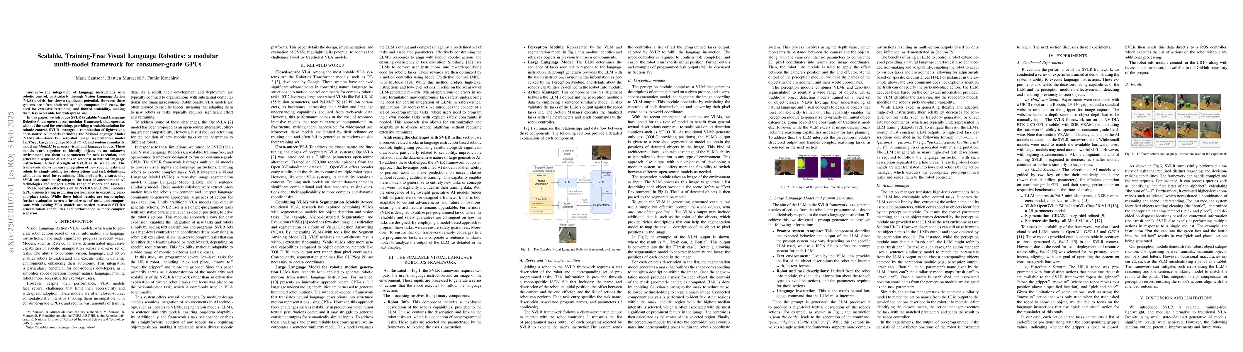 Thumbnail for Scalable, Training-Free Visual Language Robotics: A Modular Multi-Model
  Framework for Consumer-Grade GPUs
