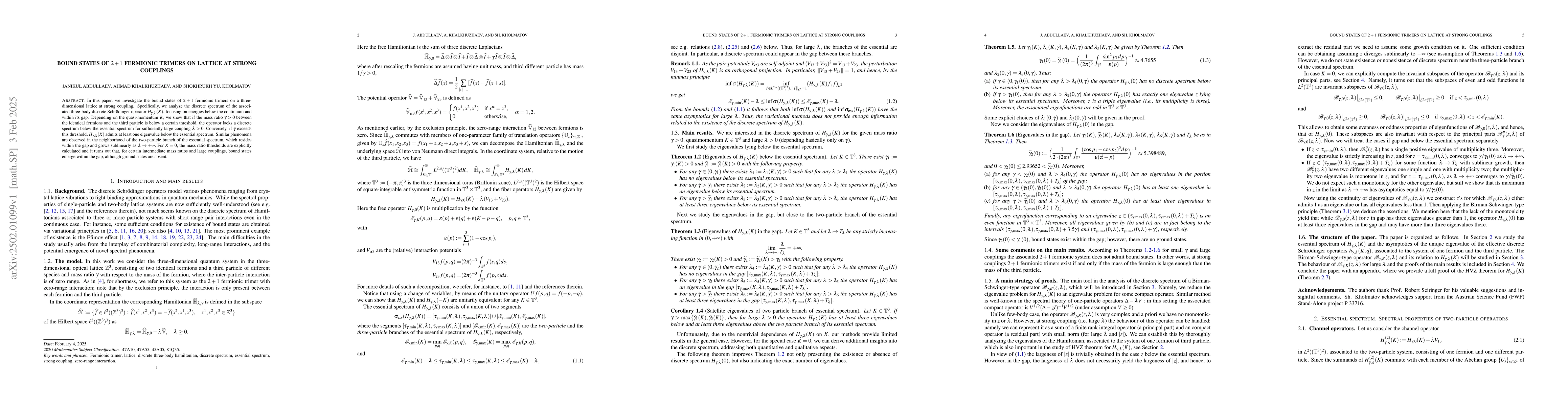 Thumbnail for Bound states of 2+1 fermionic trimers on lattice at strong couplings