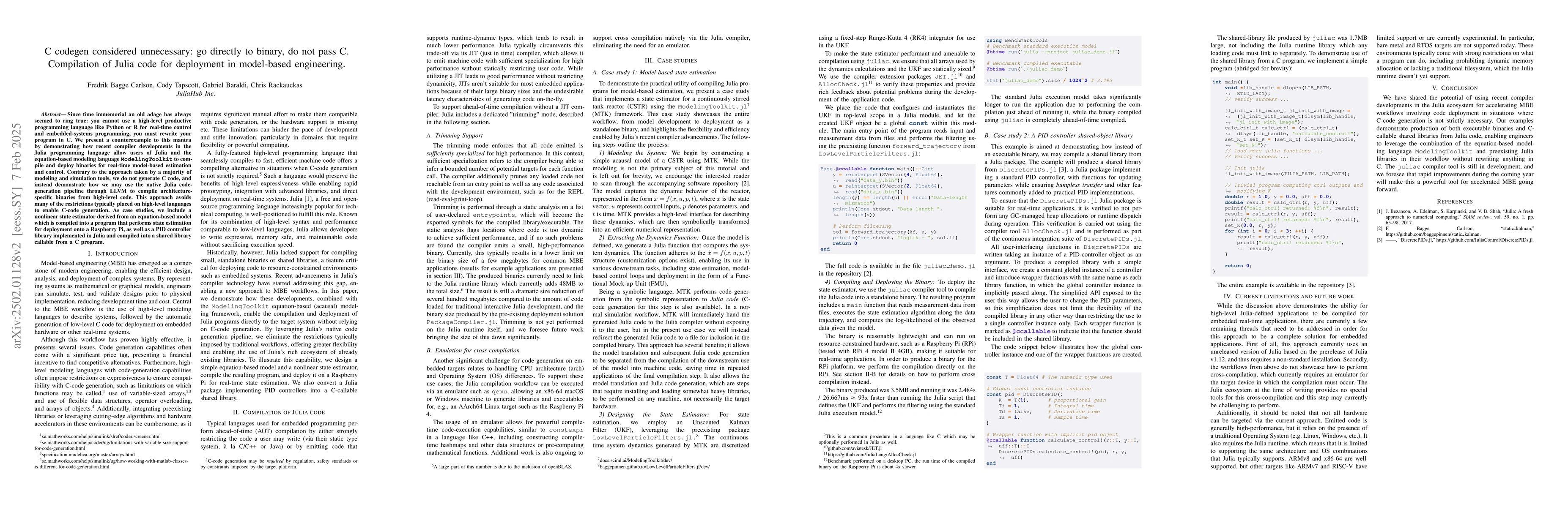 Thumbnail for C codegen considered unnecessary: go directly to binary, do not pass C.
  Compilation of Julia code for deployment in model-based engineering