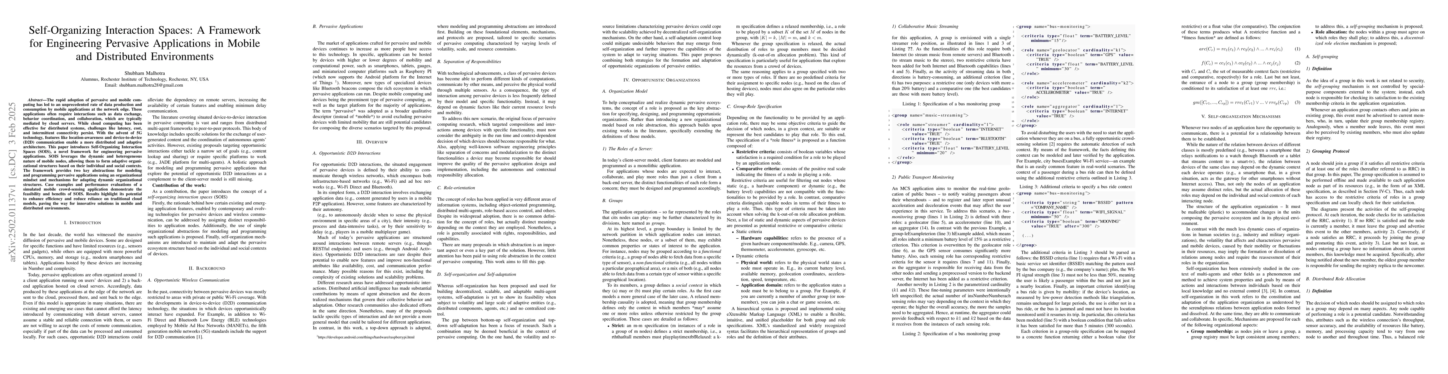 Thumbnail for Self-Organizing Interaction Spaces: A Framework for Engineering
  Pervasive Applications in Mobile and Distributed Environments