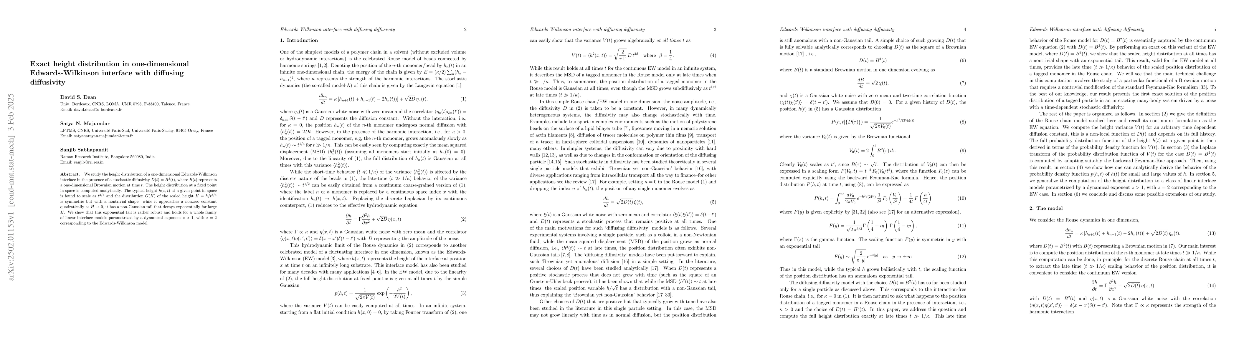 Thumbnail for Exact height distribution in one-dimensional Edwards-Wilkinson interface
  with diffusing diffusivity