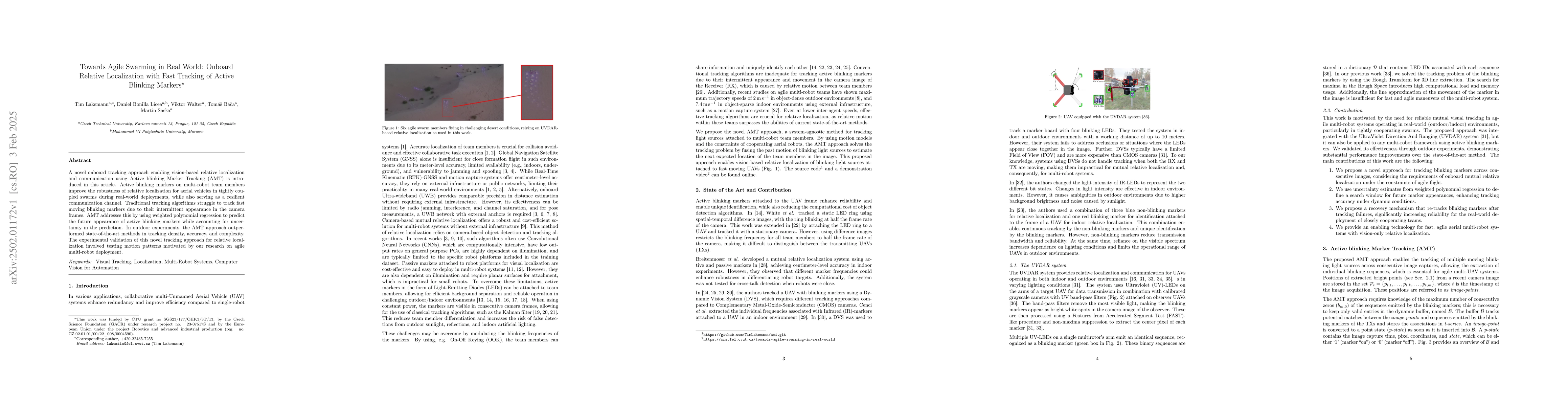 Thumbnail for Towards Agile Swarming in Real World: Onboard Relative Localization with
  Fast Tracking of Active Blinking Markers