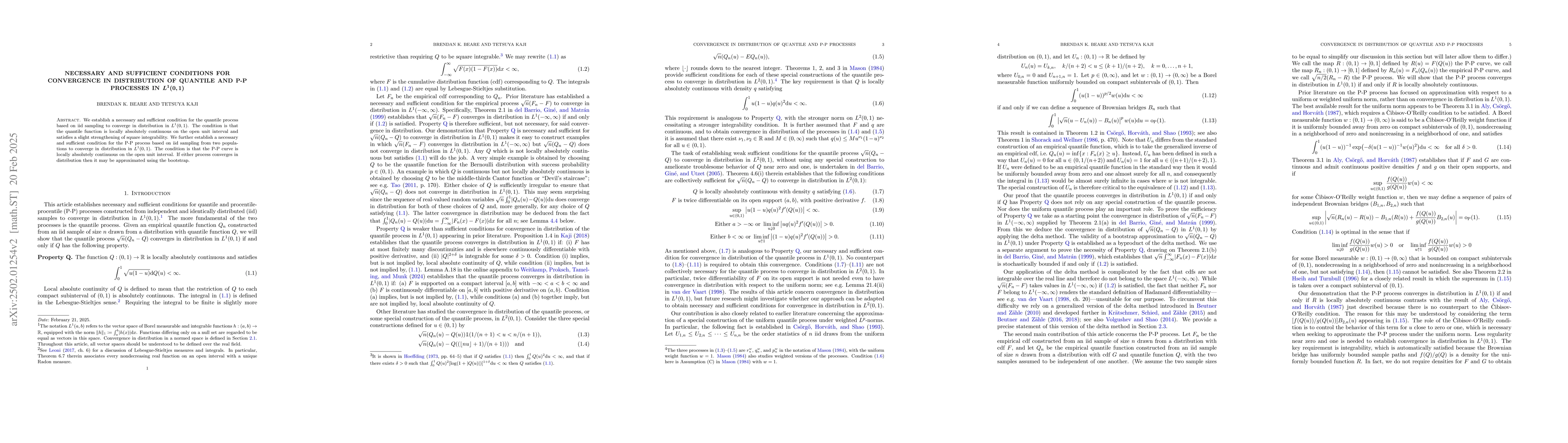 Thumbnail for Necessary and sufficient conditions for convergence in distribution of
  quantile and P-P processes in $L^1(0,1)$