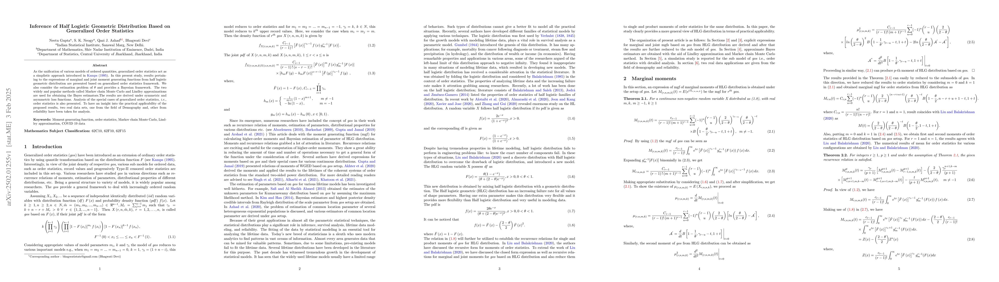 Thumbnail for Inference of Half Logistic Geometric Distribution Based on Generalized
  Order Statistics