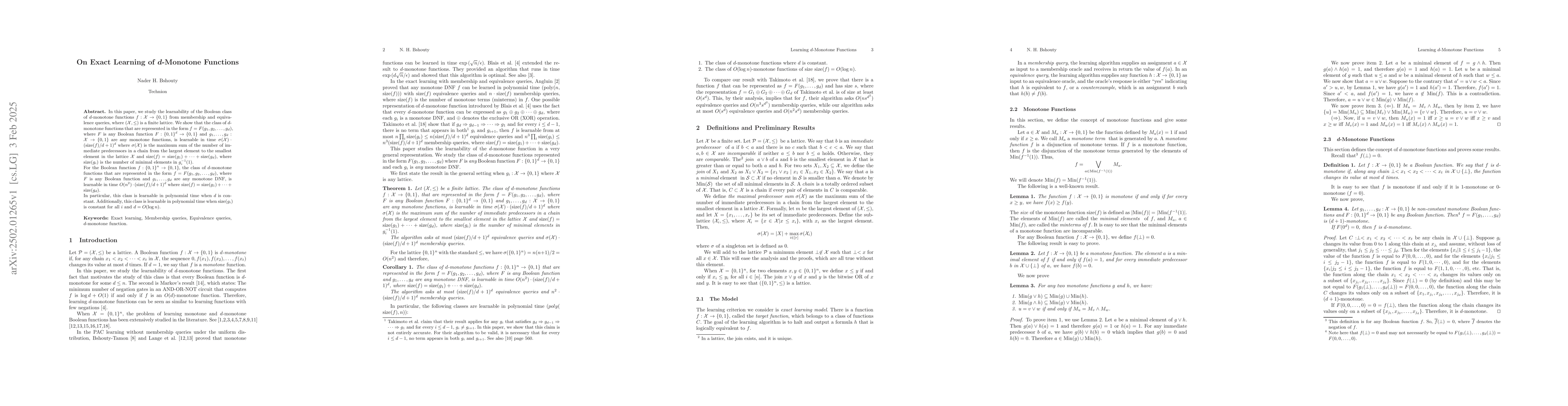 Thumbnail for On Exact Learning of $d$-Monotone Functions