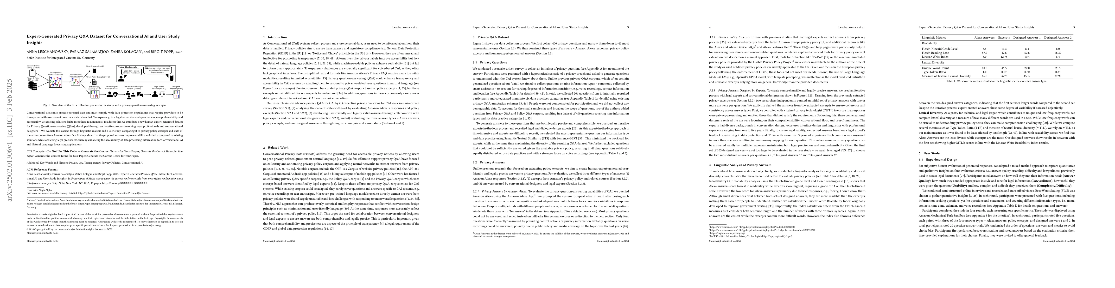 Thumbnail for Expert-Generated Privacy Q&A Dataset for Conversational AI and User
  Study Insights