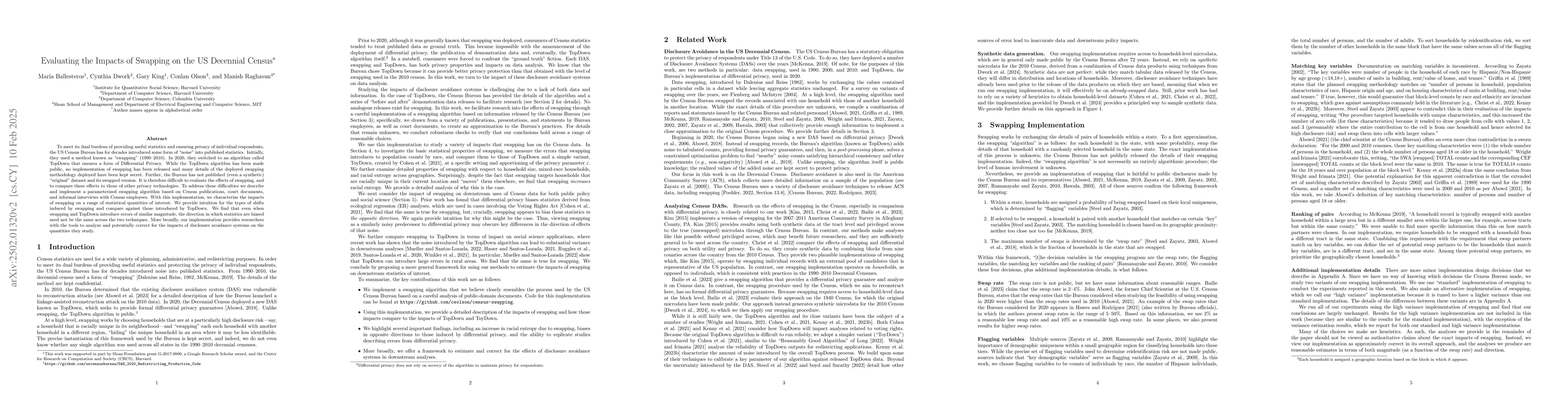 Thumbnail for Evaluating the Impacts of Swapping on the US Decennial Census