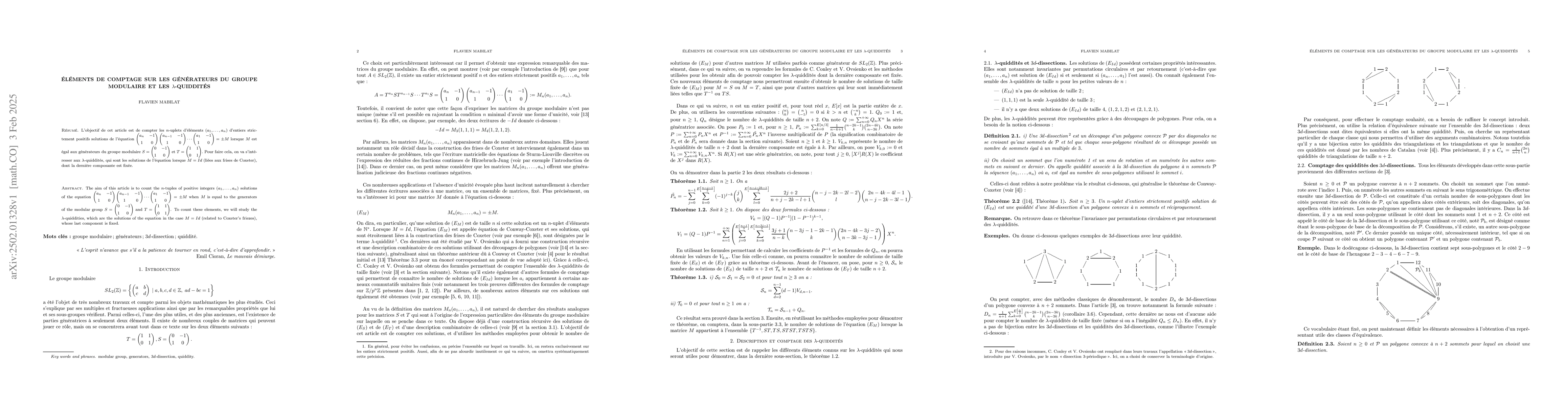 Thumbnail for Éléments de comptage sur les générateurs du groupe modulaire et
  les $λ$-quiddités