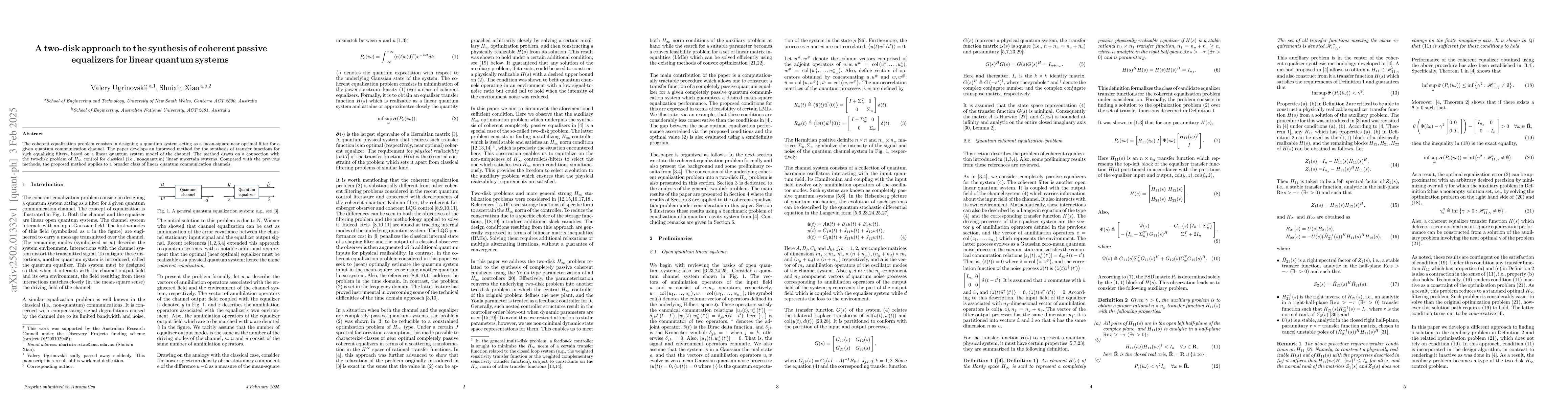 Thumbnail for A two-disk approach to the synthesis of coherent passive equalizers for
  linear quantum systems