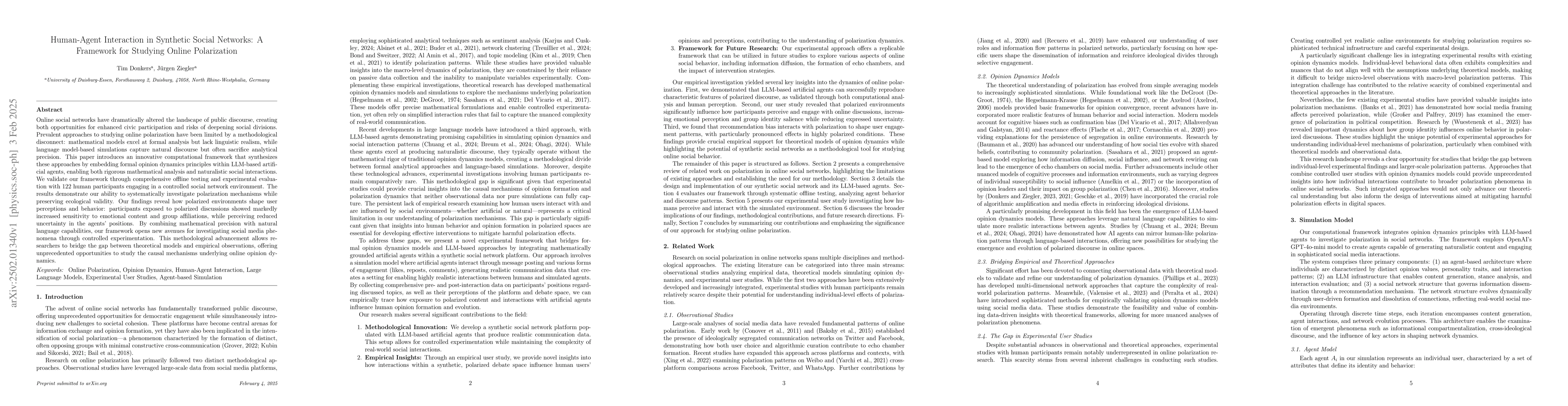 Thumbnail for Human-Agent Interaction in Synthetic Social Networks: A Framework for
  Studying Online Polarization