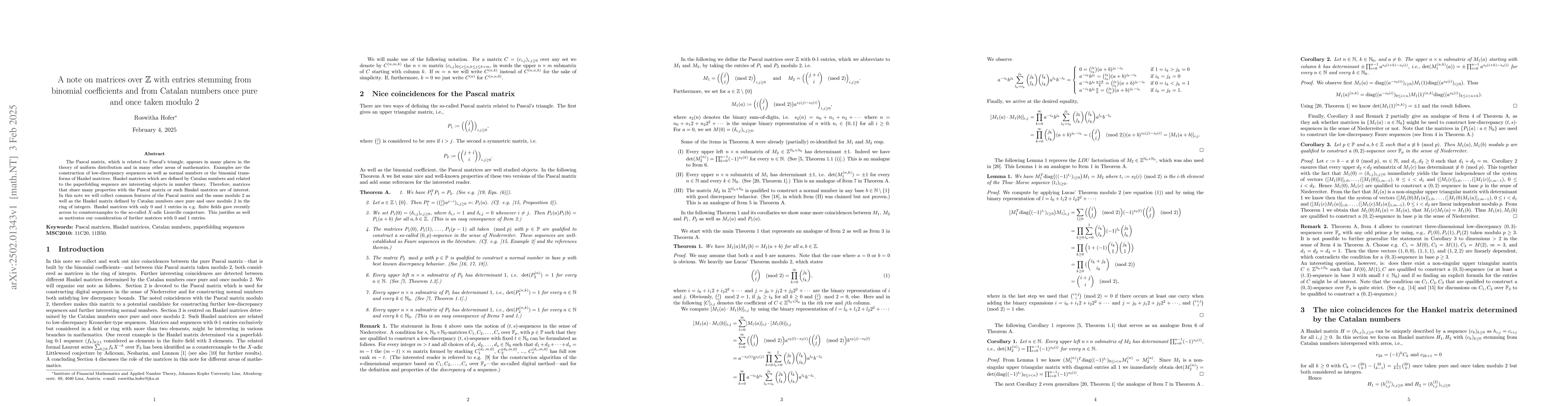 Thumbnail for A note on matrices over $\mathbb{Z}$ with entries stemming from binomial
  coefficients and from Catalan numbers once pure and once taken modulo $2$
