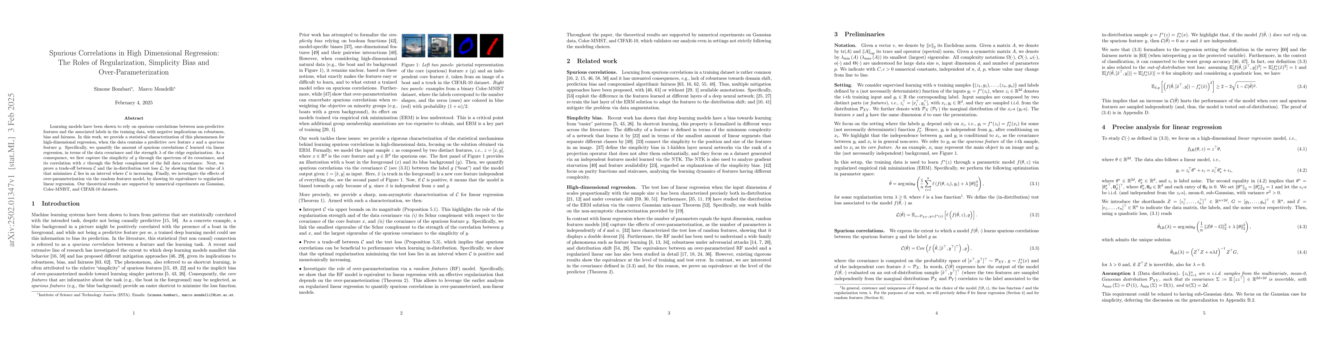Thumbnail for Spurious Correlations in High Dimensional Regression: The Roles of
  Regularization, Simplicity Bias and Over-Parameterization