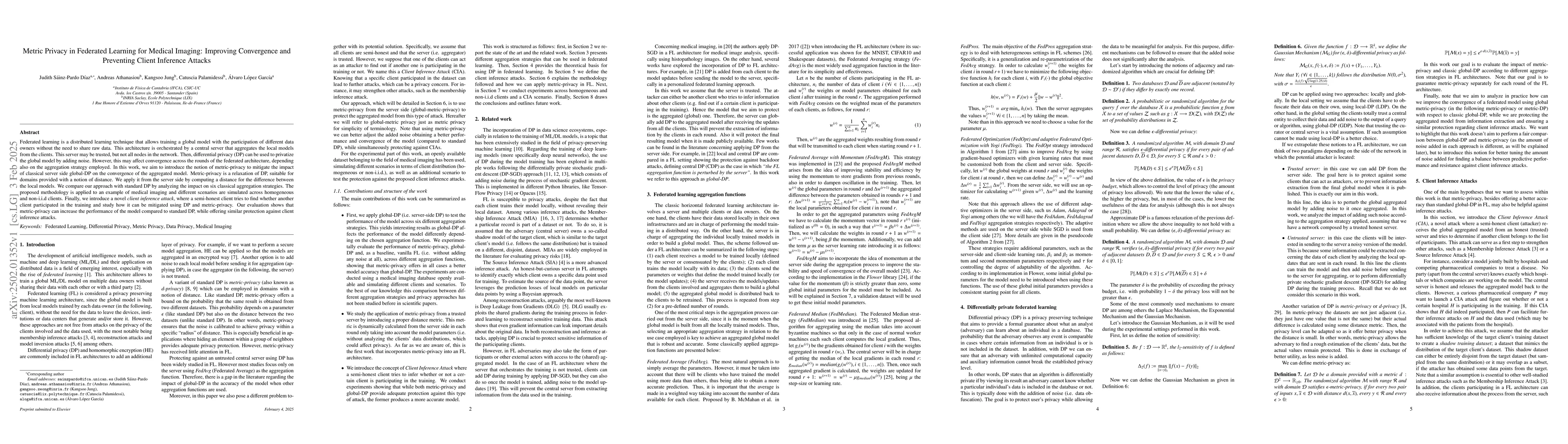 Thumbnail for Metric Privacy in Federated Learning for Medical Imaging: Improving
  Convergence and Preventing Client Inference Attacks