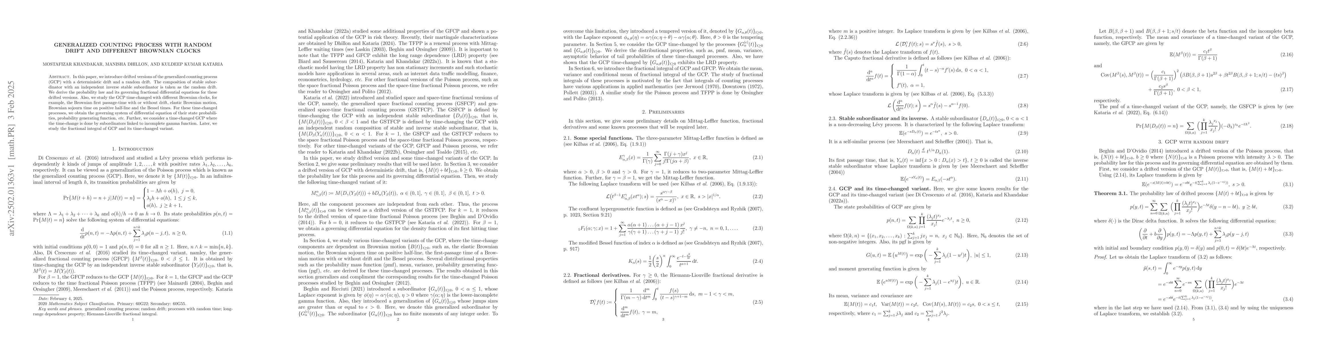 Thumbnail for Generalized Counting Process with Random Drift and Different Brownian
  Clocks