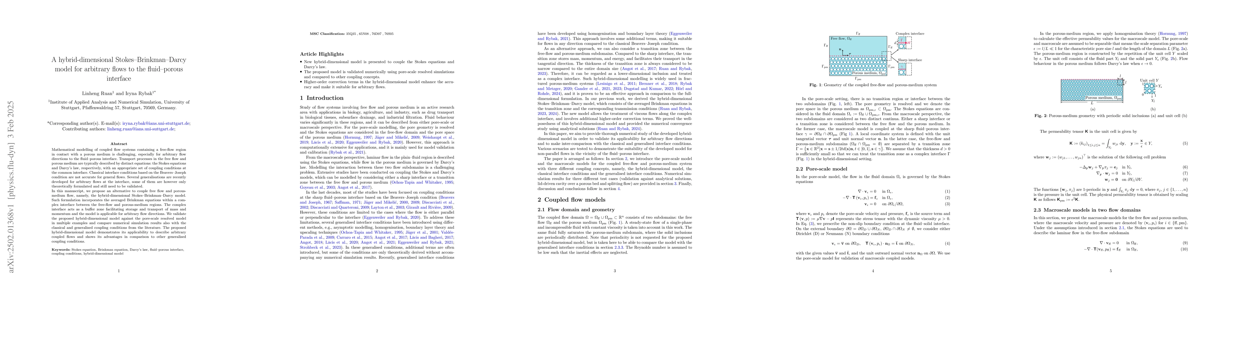 Thumbnail for A hybrid-dimensional Stokes--Brinkman--Darcy model for arbitrary flows
  to the fluid--porous interface