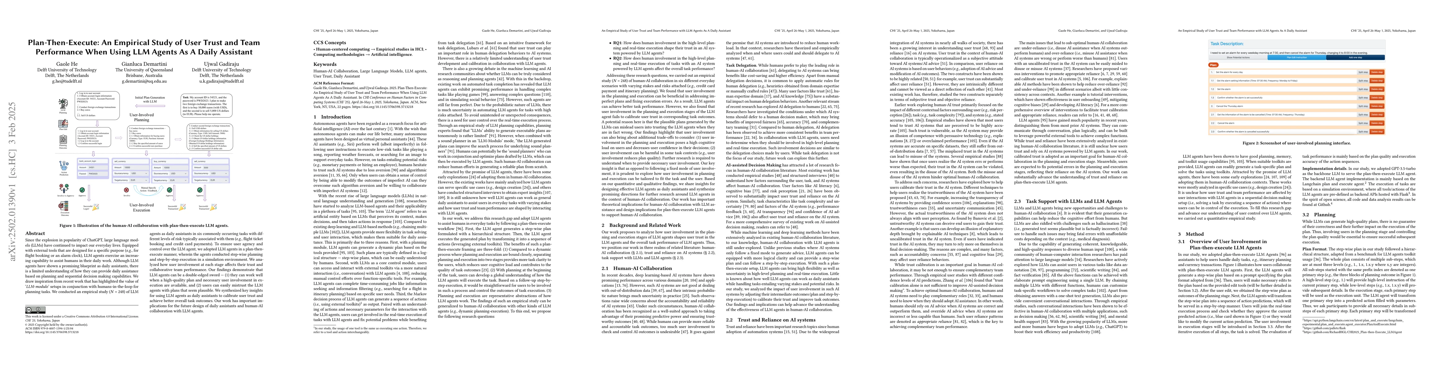 Thumbnail for Plan-Then-Execute: An Empirical Study of User Trust and Team Performance
  When Using LLM Agents As A Daily Assistant