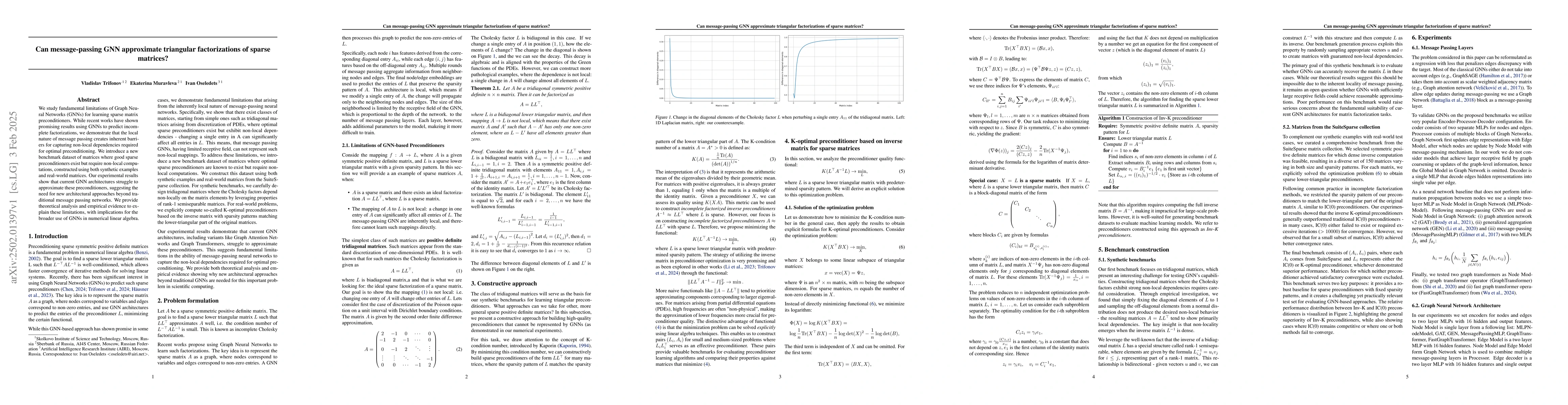 Thumbnail for Can message-passing GNN approximate triangular factorizations of sparse
  matrices?