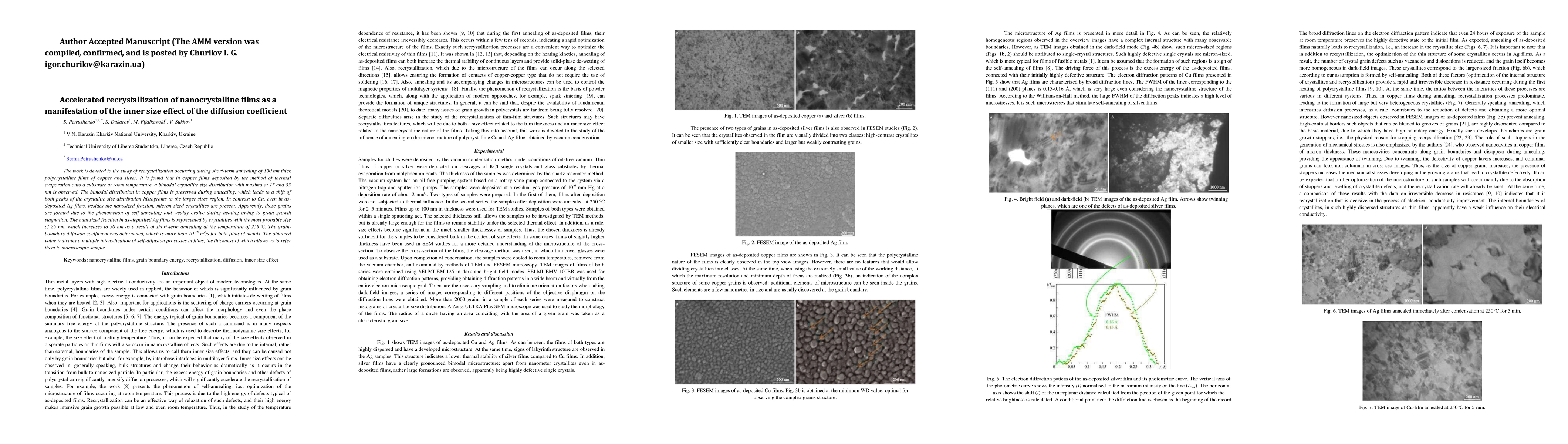 Thumbnail for Accelerated recrystallization of nanocrystalline films as a
  manifestation of the inner size effect of the diffusion coefficient