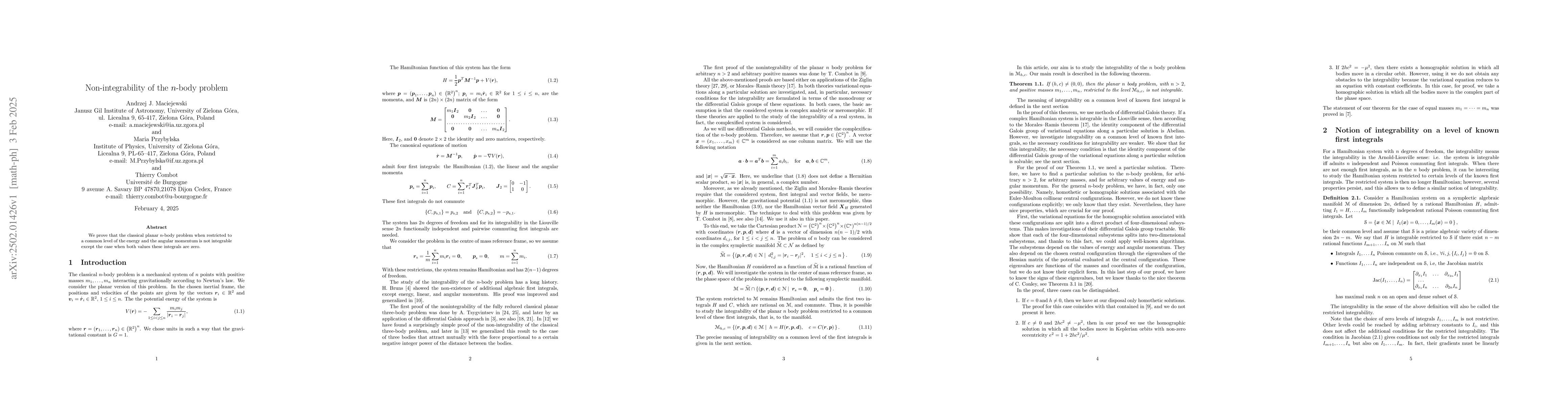 Thumbnail for Non-integrability of the $n$-body problem