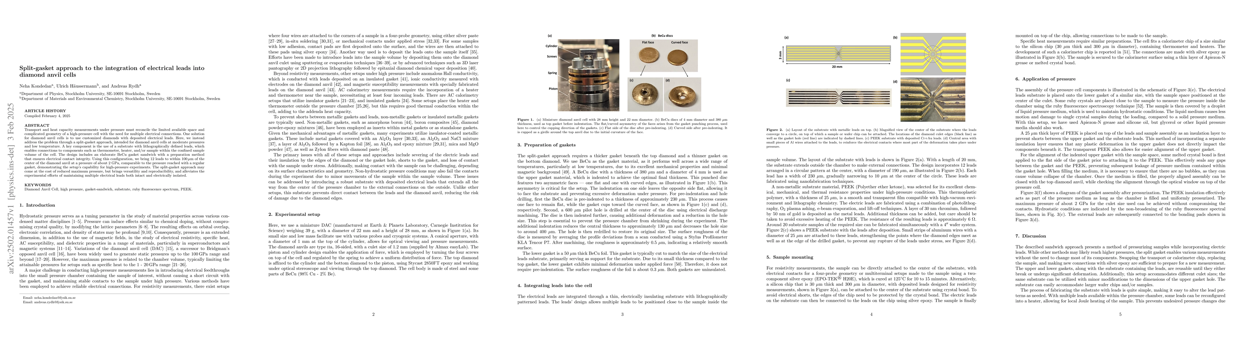 Thumbnail for Split-gasket approach to the integration of electrical leads into
  diamond anvil cells