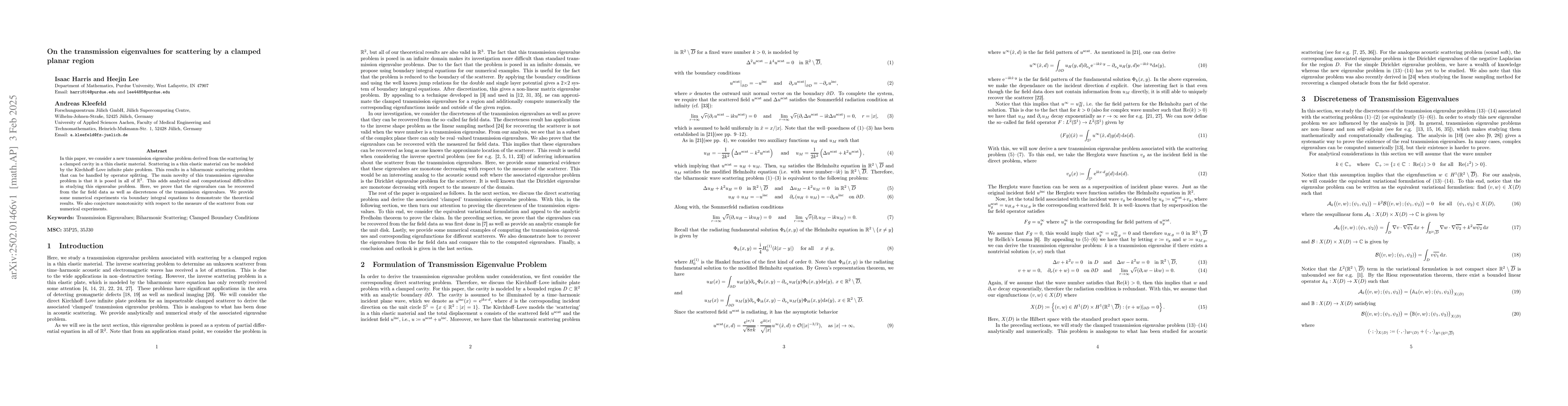 Thumbnail for On the transmission eigenvalues for scattering by a clamped planar
  region