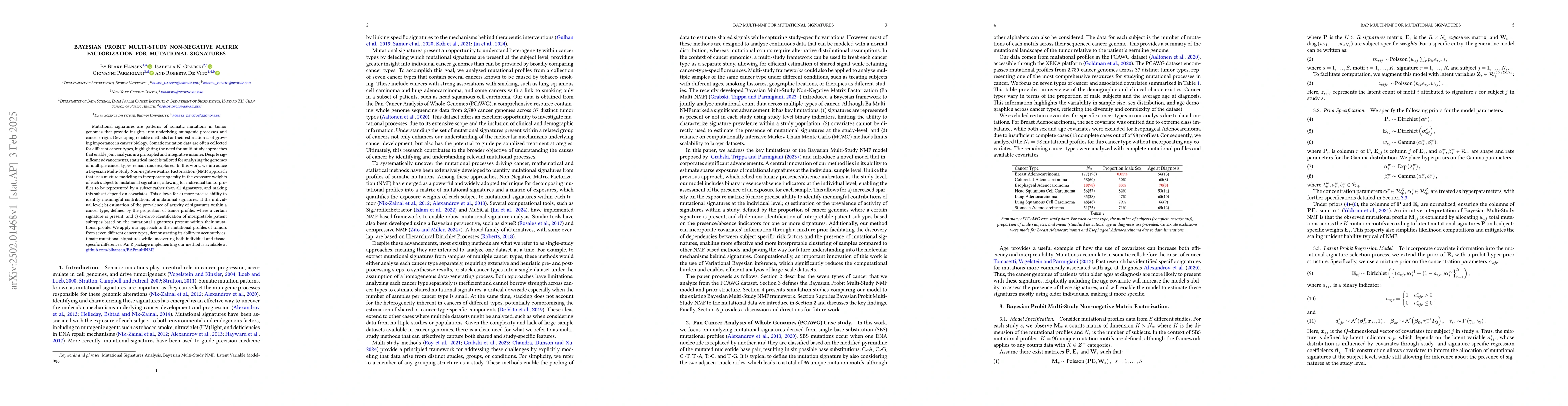 Thumbnail for Bayesian Probit Multi-Study Non-negative Matrix Factorization for
  Mutational Signatures
