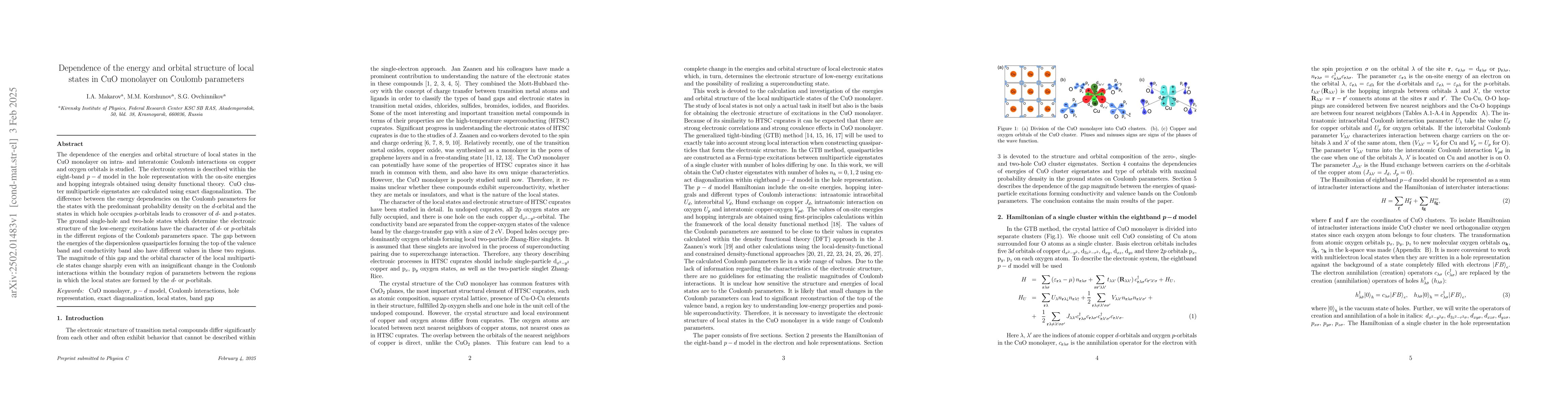 Thumbnail for Dependence of the energy and orbital structure of local states in CuO
  monolayer on Coulomb parameters