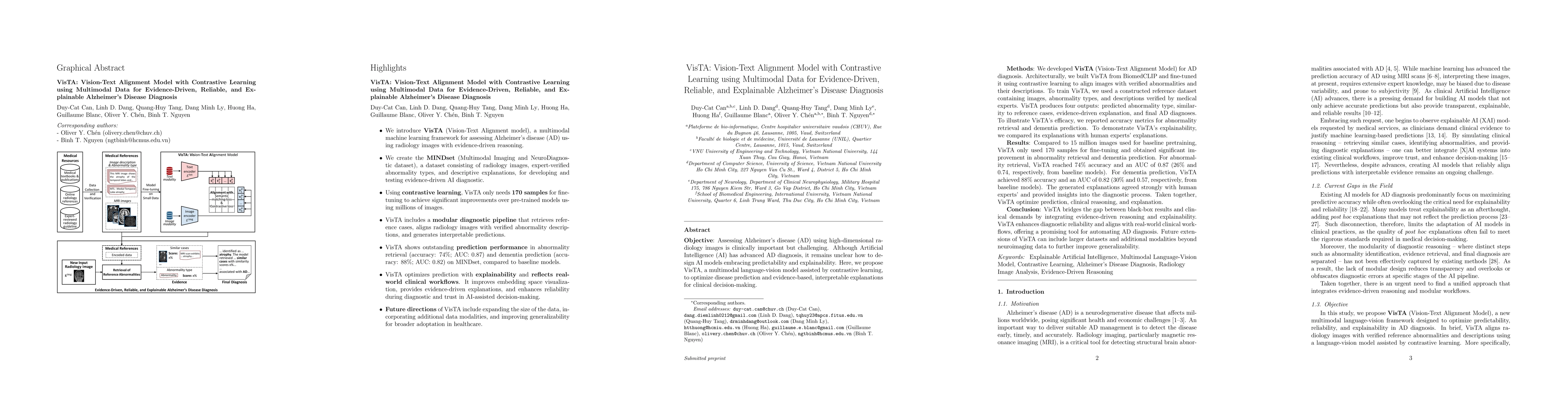 Thumbnail for VisTA: Vision-Text Alignment Model with Contrastive Learning using
  Multimodal Data for Evidence-Driven, Reliable, and Explainable Alzheimer's
  Disease Diagnosis