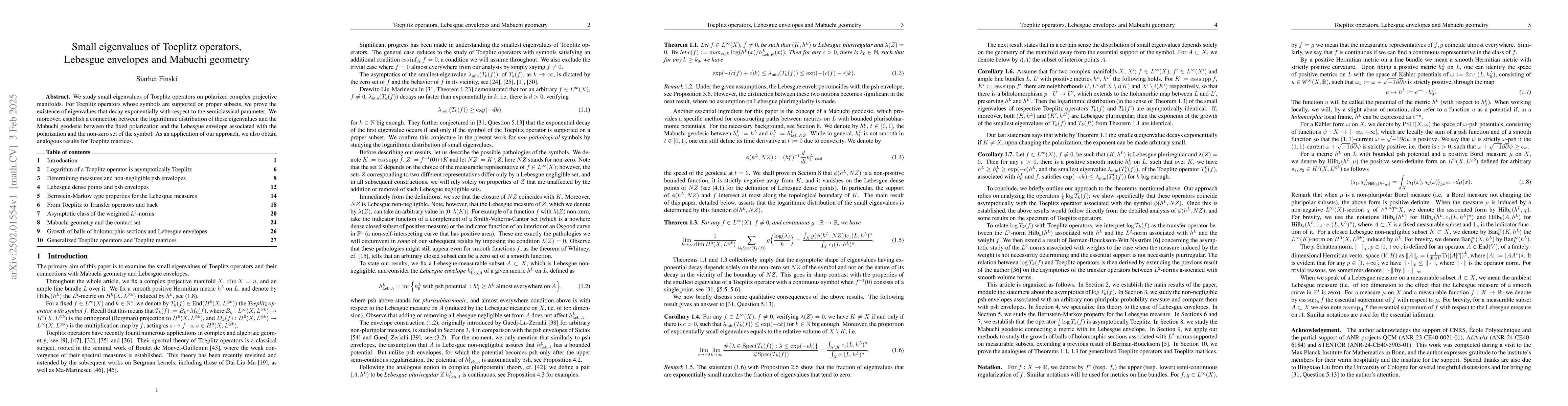 Thumbnail for Small eigenvalues of Toeplitz operators, Lebesgue envelopes and Mabuchi
  geometry