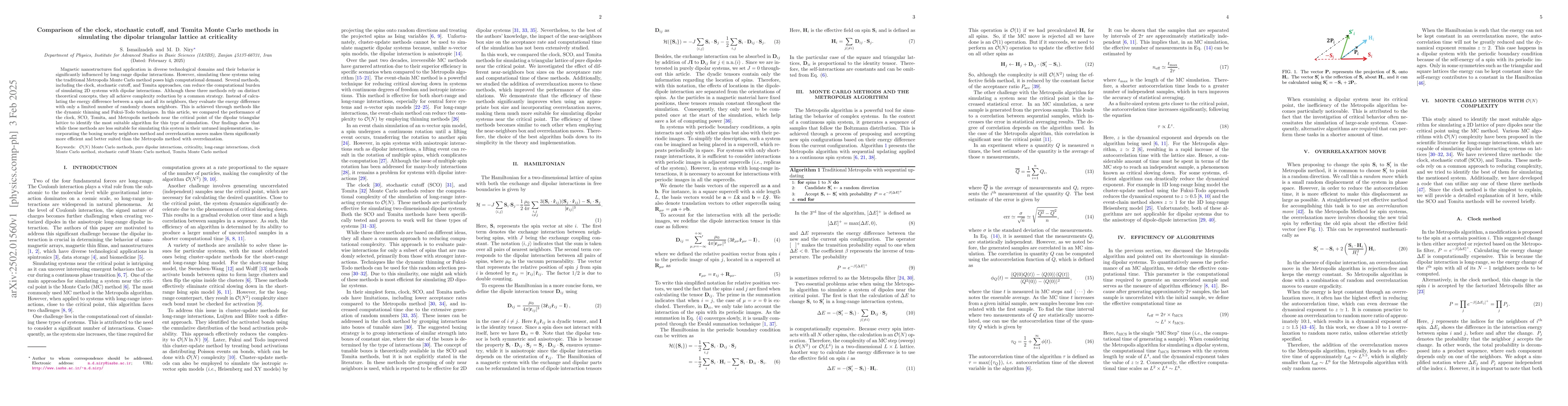 Thumbnail for Comparison of the clock, stochastic cutoff, and Tomita Monte Carlo
  methods in simulating the dipolar triangular lattice at criticality