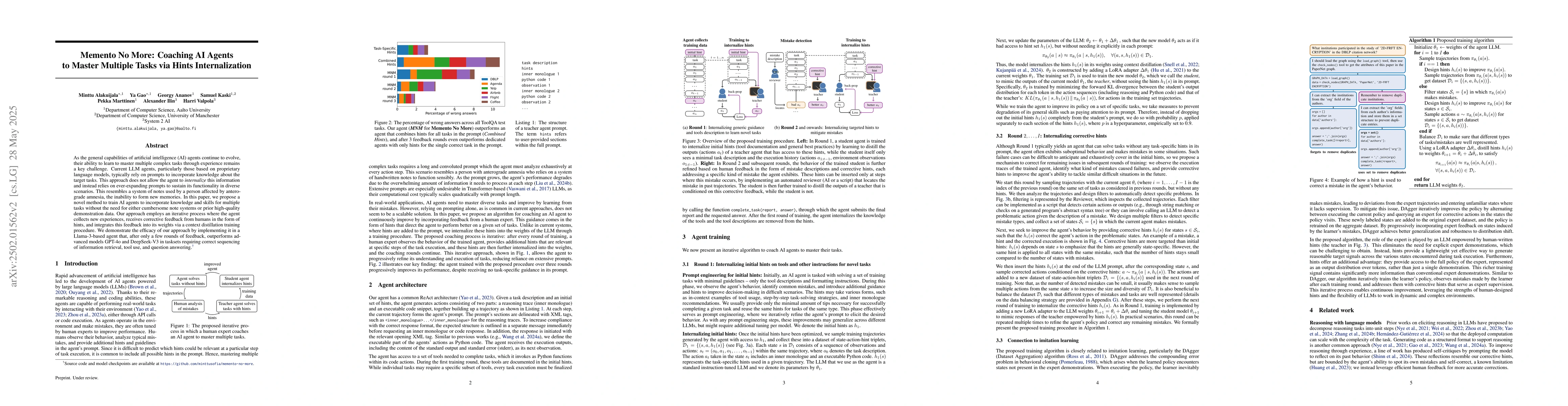 Thumbnail for Memento No More: Coaching AI Agents to Master Multiple Tasks via Hints
  Internalization