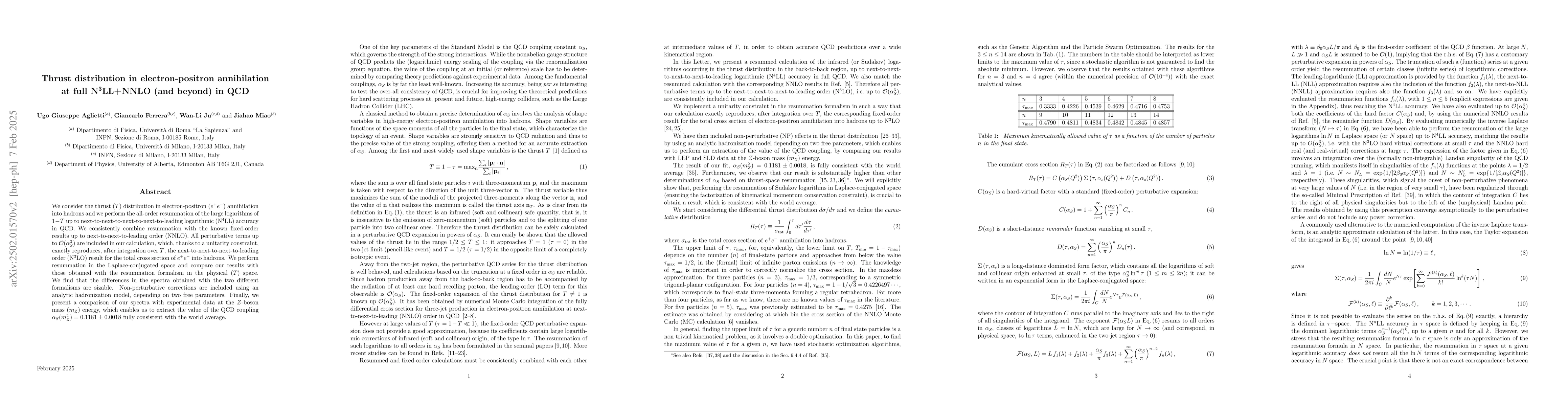 Thumbnail for Thrust distribution in electron-positron annihilation at full NNNLL+NNLO
  (and beyond) in QCD