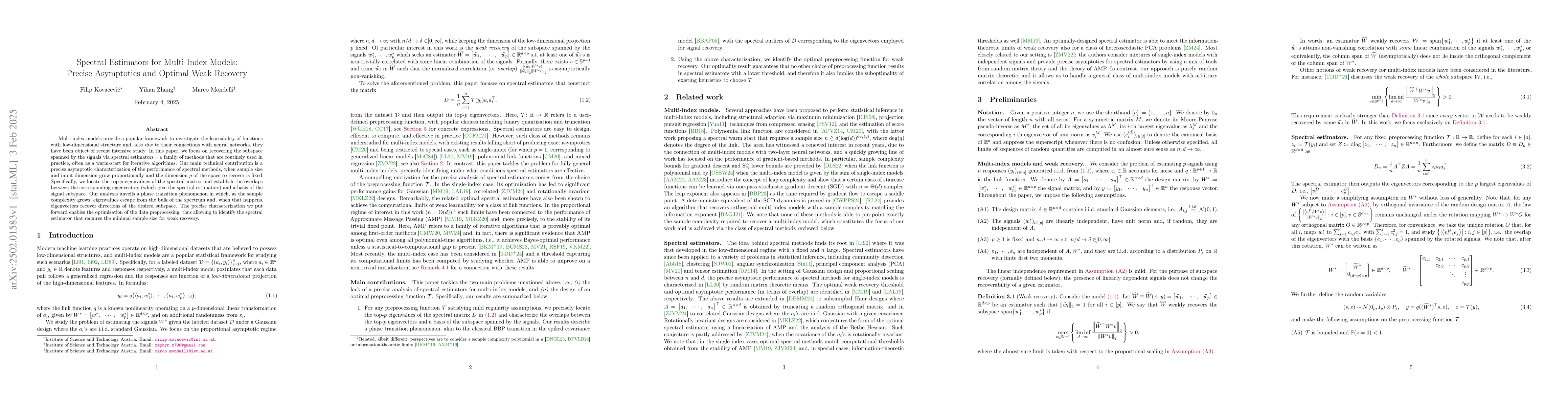 Thumbnail for Spectral Estimators for Multi-Index Models: Precise Asymptotics and
  Optimal Weak Recovery