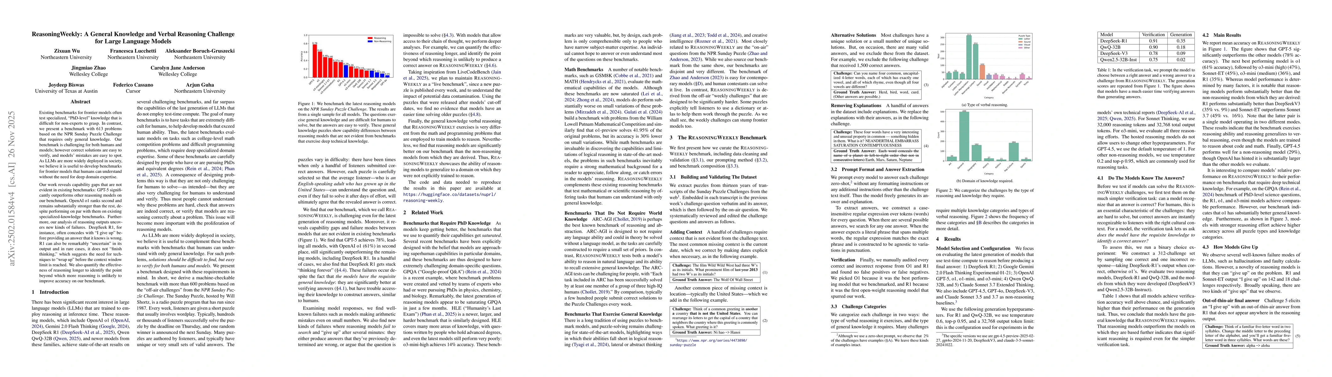 Thumbnail for ReasoningWeekly: A General Knowledge and Verbal Reasoning Challenge for Large Language Models