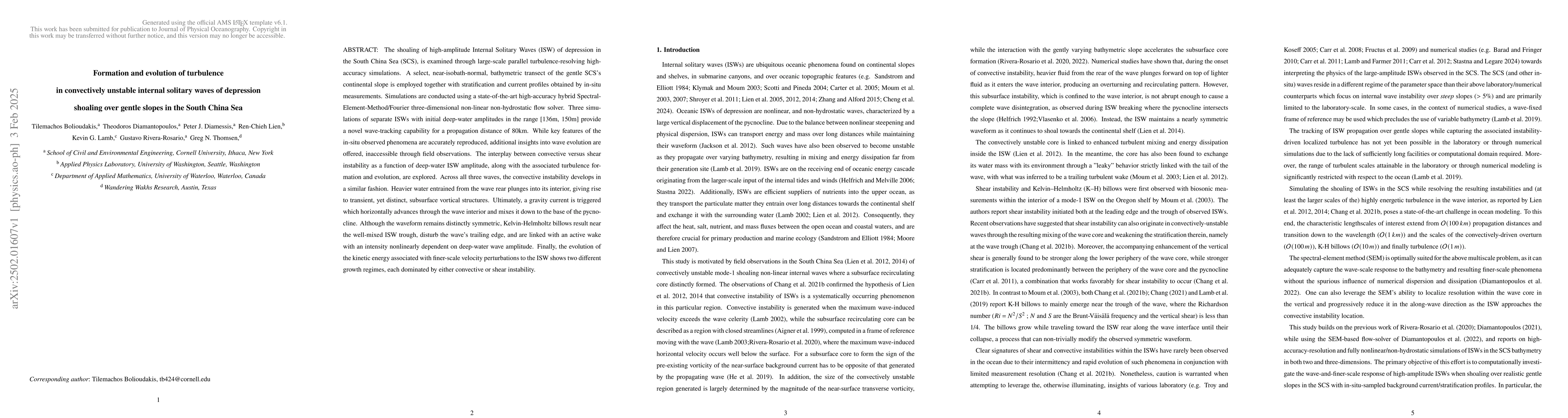 Thumbnail for Formation and evolution of turbulence in convectively unstable internal
  solitary waves of depression shoaling over gentle slopes in the South China
  Sea