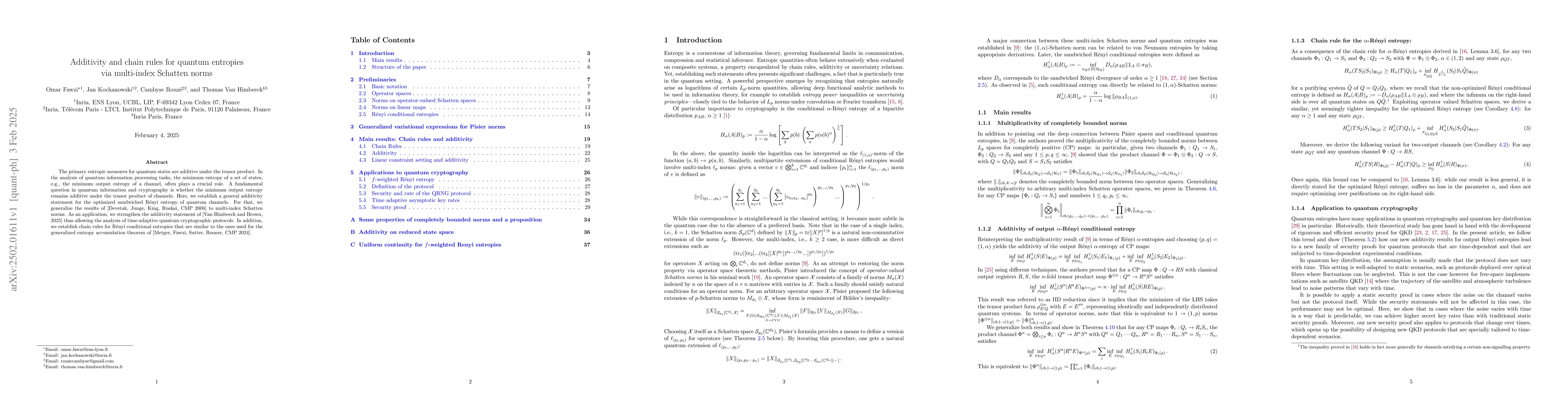 Thumbnail for Additivity and chain rules for quantum entropies via multi-index
  Schatten norms