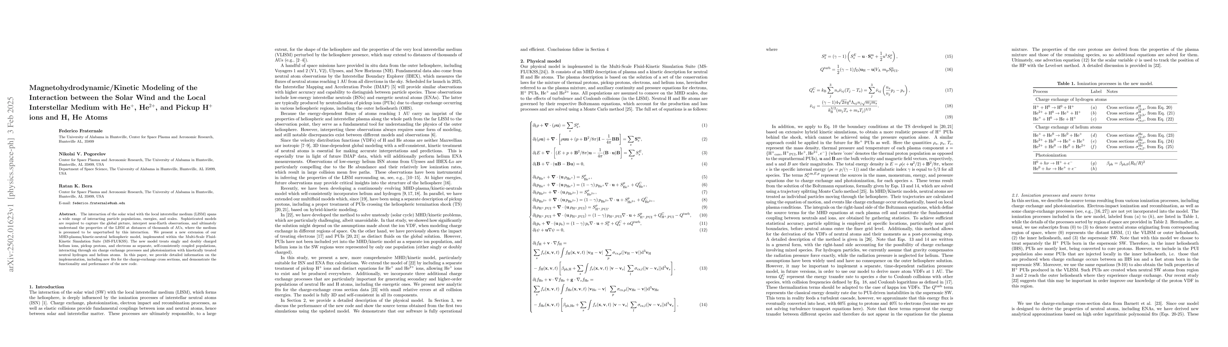 Thumbnail for Magnetohydrodynamic/Kinetic Modeling of the Interaction between the
  Solar Wind and the Local Interstellar Medium with He$^+$, He$^{2+}$, and
  Pickup H$^+$ ions and H, He Atoms